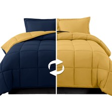 Frefly Store Elegant Comfort 3 Parça Ters Çevrilebilir Yorgan Seti, Dört Mevsim Rahat, Yumuşak Kuş Tüyü Alternatif, Kapitone - Kutu Dikişli - 4 Köşe Sekmeli Nevresim Takımı, Süslü Yorgan, Kral, Lacivert/sarı