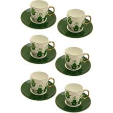 Frefly Store 6 Kişilik Porselen Yaldızlı Kahve Fincanı Yeşil Tılsım