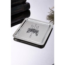 Frefly Store Beige & Stone Şamdan Desenli Kare Paslanmaz Çelik Kahve Çay Sunum ve Dekoratif Tepsi