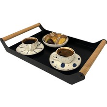 Frefly Store Ahşap Saplı 40X25 Dekoratif Metal Tepsi Siyah, Sunum, Dekoratif Tepsi
