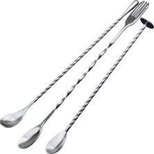 Frefly Store Mallart® Paslanmaz Çelik Kokteyl Karıştırma Kaşığı Seti (3'lü) - 30 cm Çatallı, 30 cm Damla Uçlu ve 26 cm Disk Tokmaklı Barmen Kaşığı, Spiral Gövdeli Bar Ekipmanı