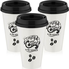 Frefly Store Enjoy Your Coffee Baskılı Kapaklı Plastik Bardak, 3'lü Set Kahve Bardağı