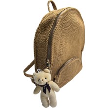 Frefly Store Hasır Örgü Mini Sırt Çantası, Kahverengi, Peluş Ayıcık Aksesuarlı, Çift Fermuarlı