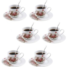 Frefly Store 6 Kişilik Porselen Çay Fincanı Kaşıklı Çiçekli 150ML
