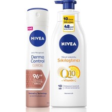 Frefly Store Nıvea Q10 Sıkılaştırıcı Vücut Losyonu 200ML ve Kadın Sprey Deodorant Derma Control Clinical 150ML