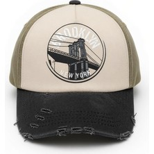 Frefly Store Brooklyn New York Baskılı Eskitme Şapka, Vintage Tasarım, Ayarlanabilir Beyzbol Şapkası, Bej ve Siyah,trucker