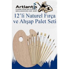 Ahşap Palet Oval Naturel 12 Li Resim Fırçası Seti 1 Paket Yuvarlak ve Kesik Uçlu Boyama Fırça