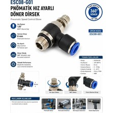 Firetech ESC08-G01 Pnömatik Esc 1/8'' - 8 mm Hız Ayarlı Döner Dirsek 8 mm