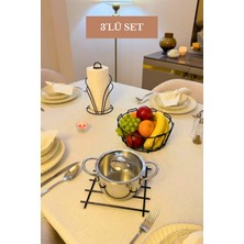 Edora Home 3’lü Set Siyah Kuğu Peçetelik Nihale Oval Köşeli Meyve Sepeti Mutfak Seti