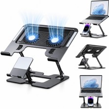 1001 Karbon Çelik 3 In 1 Notebook, Tablet ve Telefon Standı, 12.9-17 Inç Laptop ve Tablet Için 2 Fan
