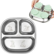 1001 Silikon Vakumlu Paslanmaz Çelik Mama Tabağı, 3 Derin Bölmeli Bebek Tabak, 304 Çelik, Yeşil