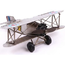 1001 Vintage Metal Çift Kanatlı Savaş Uçağı Modeli - El Yapımı Dekoratif Eskitme Masaüstü Süs