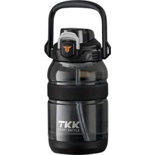 1001 Tkk 1200ML Büyük Boy Pipetli/pipetsiz Kullanım Boyun Askılı Kulplu Tritan Su Matara (Siyah)