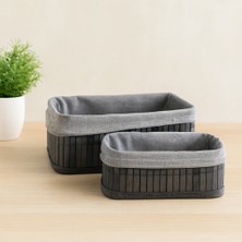 Gri Bambu Kenarlı Dikdörtgen Organizer Sepet (25X14 / 28X18 Cm) - Ahşap Taban, Bezli