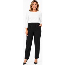 Bihan Store Büyük Beden Beli Lastikli Krep Cepli Paçası Düğme Detaylı  Kadın Pantolon Y26-2133-SIYAH