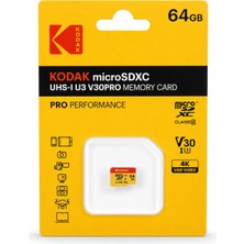 Kodak 64GB Micro SDXC UHS-I U3 V30 Pro (100MB/s + 70MB/s) Hafıza Kartı