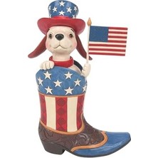 Skygo Revify Enesco Jim Shore Heartwood Creek Patriotic Dog Holding Flag In A Cowby Boot Figurine, 22 Cm, Çok Renkli