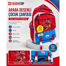 Favori Kitap Araba Desenli Çocuk Sırt Çantası - Kırmızı Mavi