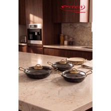 EVREN MUTFAK 6 Parça Gold Stone Kapaklı Granit Pırlanta Sahan Seti, 18-20-22 cm Yumurta Omlet Tavası 3'lü Set