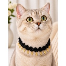 Neholia El Örgüsü Kedi Tasması Siyah Gold Yaprak Detaylı El Yapımı Kedi Boyun Aksesuarı