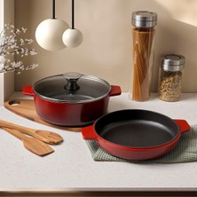 Frefly Store Aryıldız Duo Cast Iron Kısa Tencere Kırmızı 26 cm