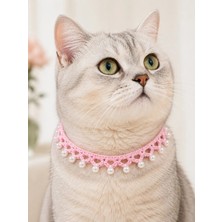 Neholia El Örgüsü Kedi Tasması Pembe Inci Boncuklu El Yapımı Ayarlanabilir Kedi Boyun Aksesuarı