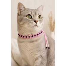 Neholia El Örgüsü Kedi Boyun Aksesuarı Pembe Siyah Boncuklu El Yapımı Kedi Tasması Dekoratif Örgü Yaka