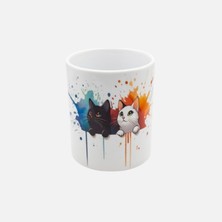 Frefly Store Mirai Ikiz Yavru Kedi ve Suluboya Sıçrama Efektli Kulpsuz Seramik Kupa/masaüstü Organizer 330 ml - Bireysel ve Kurumsal Siparişe Uygun