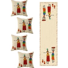 Frefly Store Pelangi Etnik Desenli Salon Mutfak Masa Değişik Ranır Modelleri Dekoratif 4'lü Kırlent Kılıfı ve Runner Seti, Bej 40 x 140