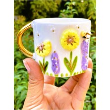 Frefly Store Cw Celine's Wonders Premium Kalite 24 Ayar Altın Detaylı El Yapımı Papatya Kabartmalı Mug 200 ml Flower Daisy