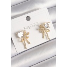 Oghamay Pirinç Gold Renk Zirkon Taşlı Kurdele Model Kadın Küpe