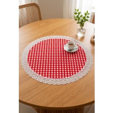 Rona Home Yuvarlak Runner 60 cm Kırmızı Beyaz Kareli Güpürlü Masa Örtüsü Mutfak Balkon Piknik Masa Dekoru