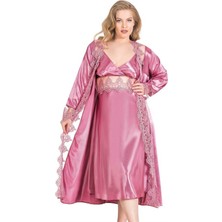 Aria's Closet Premium Büyük Beden Gül Kurusu Uzun Ikili Saten Sabahlık Gecelik Takımı