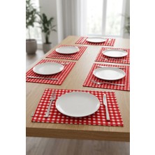 Rona Home Kareli Amerikan Servis 6'lı Set 35X45 cm Kırmızı Petibör Tabak Altlığı Su Itici Masa Altlığı