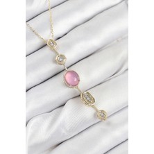 Oghamay Pirinç Zincir Pembe Gold Renk Zirkon Taşlı Y Kolye