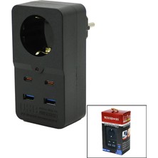 Termal Akım Korumalı  1xpriz 2x USB 2x Type-C Duvar Tipi Priz Siyah 10A - 2500W BX40