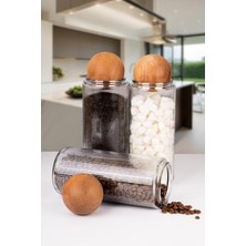 3lü Ahşap Top Kapaklı Dekoratif Çay Kahve Şeker Tuz Saklama Kavanozu 1500ML
