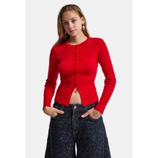 It's Basic Kadın Kırmızı W6-19 Kemer Boy Esnek Kumaş Düğmeli Triko Cardigan