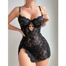 Aria's Closet Arias Closet Siyah Full Dantel Işlemeli Ince Askılı Yırtmaçlı Likralı Fantezi Gecelik