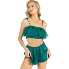 Aria's Closet Dantel Işlemeli 2'li Zümrüt Saten Şort Takımı