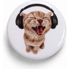 Fynbos Sarkastik Müzik Dinleyen Kedi Rozet 44 mm – Komik Kedi Desenli Çanta Rozeti, Eğlenceli Aksesuar