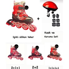 Işıklı Çocuk Pateni, Ayarlanabilir Silikon Tekerli, Frenli Metal Gövde, Kask ve Koruma Seti, K�