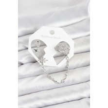 Oghamay Kutup Yıldızı Model Pirinç Gümüş Renk Zincir Bağlantılı Ear Cuff Küpe Seti