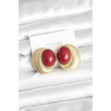 Oghamay Pirinç Gold Renk Bordo Boncuklu Oval Vintage Kadın Küpe
