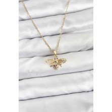 Oghamay 316L Çelik Zincir Gold Renk Sinek Model Zirkon Taşlı Kadın Kolye