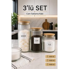 3'lü Ahşap Vakumlu Kapaklı Çay Şeker Kahve Tuz Kavanozu Cam 3 Boy