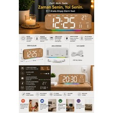Neler Geldi Neler Büyük Ekranlı Ahşap Desenli Dijital Masa Saati 24X9X3 cm Alarm Çalar Saat Rgb Renkli LED Işıklı USB ve Pil