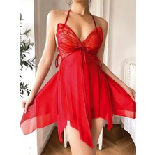 Aria's Closet Arias Closet Göğüs Kelebek Detaylı Fantezi Tül Kırmızı Gecelik