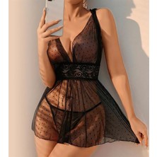 Aria's Closet Arias Closet Siyah Dantel Işlemeli Puantiyeli Tül Fantezi Gecelik