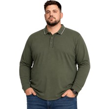 Battal Moda Erkek Büyük Beden Haki %100 Pamuk Şeritli Polo Yaka Tişört 5xl-6xl-7xl-8xl